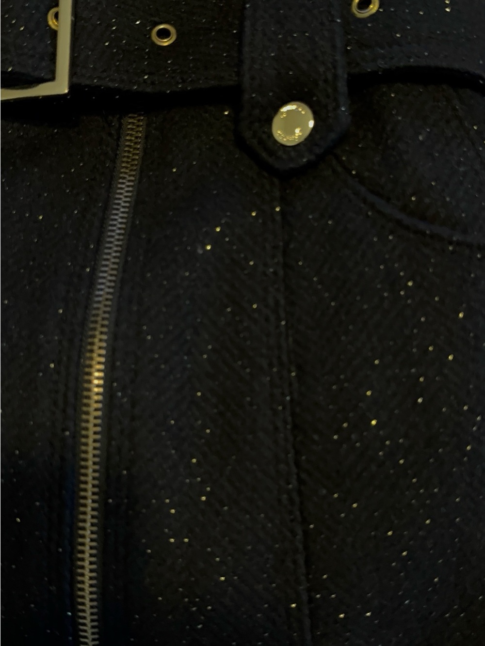 GUESS Black Wool Blend Coat XS Gold Shimmer Sparkle Moto Trench Belted Zip - Picture 10 of 14